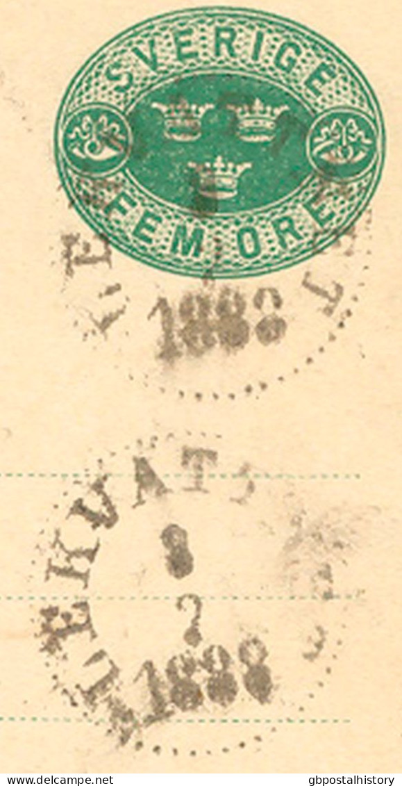 SCHWEDEN 1888, "LEKVATTNET" Und "TORSBY" Extrem Selt. K1 Klar A. 5 (FEM) Öre Grün GA-Postkarte, GA-ABARTE: Rahmenbruch - Abarten Und Kuriositäten