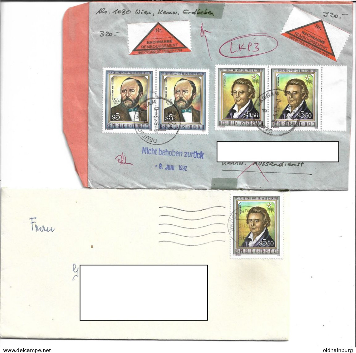 1199l: Österreich 1992, Aus Der Serie Persönlichkeiten Eine EF Und Eine NN- Brieffrankatur - Storia Postale