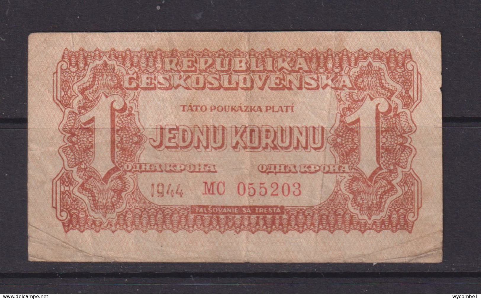 CZECHOSLOVAKIA -  1944 1 Korun Circulated Banknote - Czechoslovakia