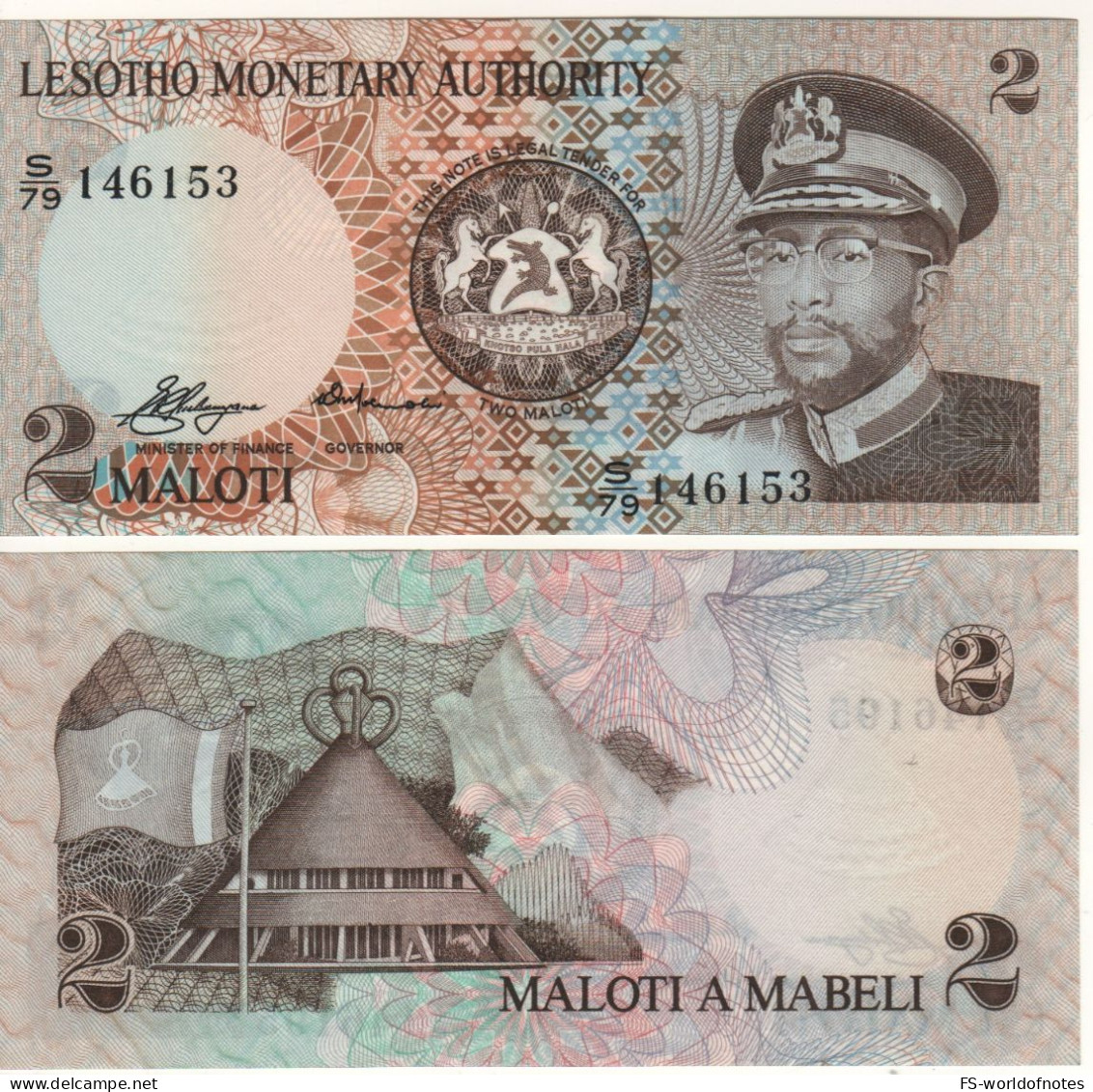 LESOTHO   2 Maloti    P1  " Lesotho Monetary Authnority "  (1979)   King Moshoeshoe II +  Flag,  At Back - Lesoto