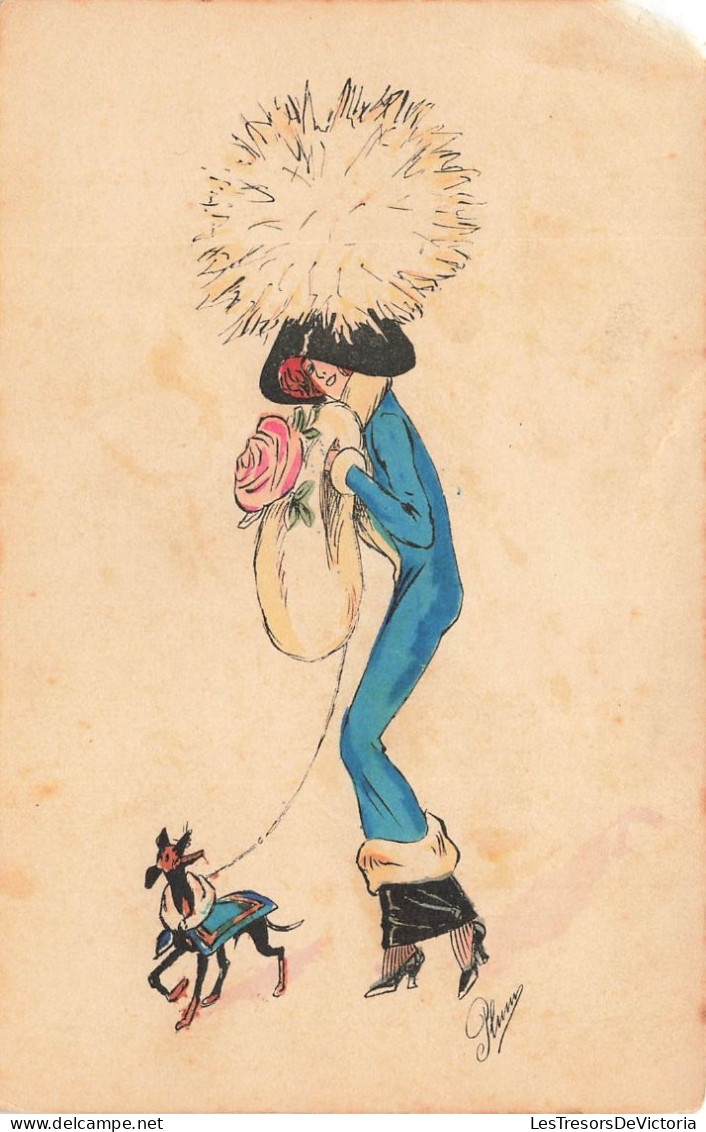 ILLUSTRATEUR SIGNE - Plum - Jeune Femme Avec Son Chien Laisse Habillé - Manteau Bleu - Carte Postale Ancienne - Other & Unclassified