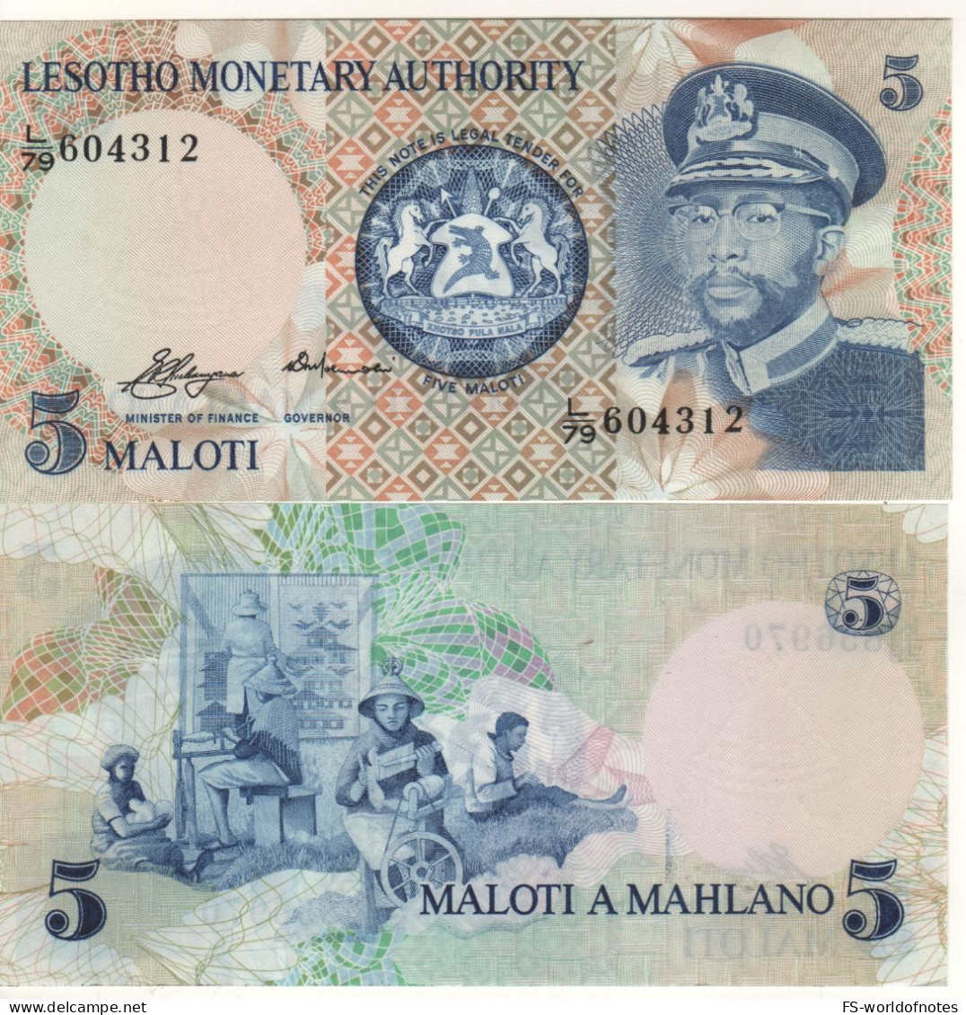 LESOTHO   5 Maloti    P2  " Lesotho Monetary Authnority "  (1979)   King Moshoeshoe II +  Weavers  At Back - Lesotho