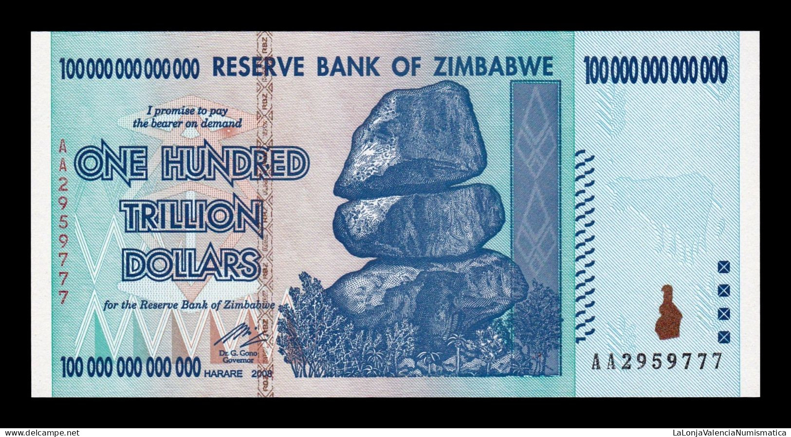 Zimbabwe 100000000000000 100 Trillion Dollars 2008 Pick 91 Serie AA Sc Unc - Zimbabwe