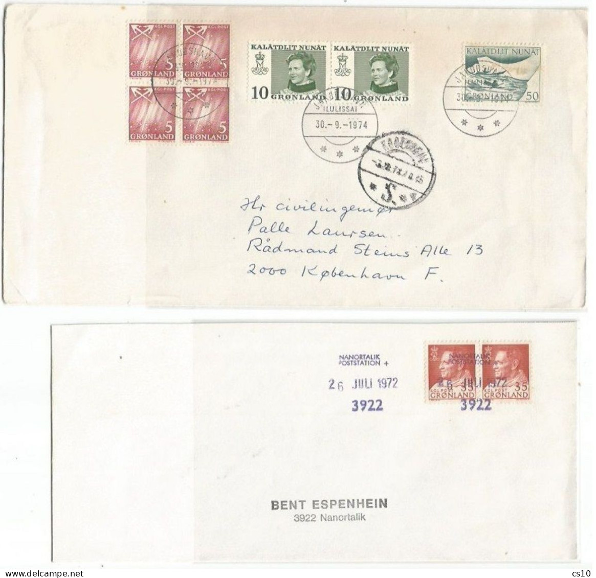 Greenland Gronland #2 Covers Jakobshavn Ilulissat 30sep1974 X Kobenhavn + Nanortalik 26jun1972 To Town - Marcofilia