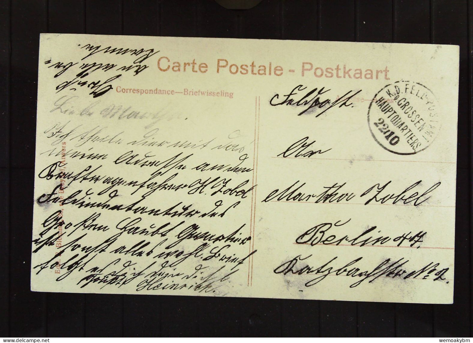 Belgien: Feldpostkarte Von Antwerpen Mit Entre Du Jardin Zoologique Um 1915 Vom Hauptquartier GROSSEN - Cartas & Documentos