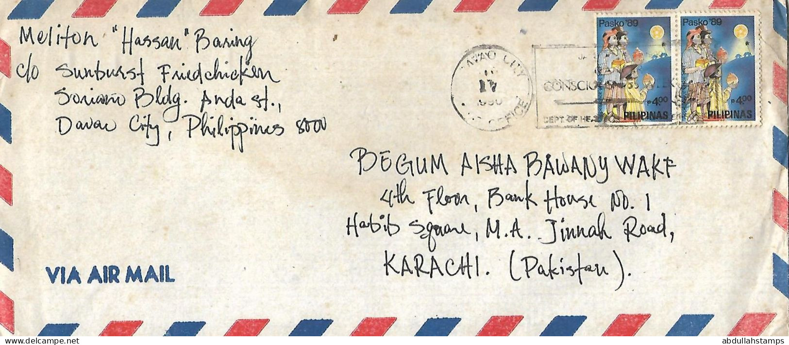 PHILLIPINES 1990   AIRMAIL COVER TO PAKISTAN. - Filipinas