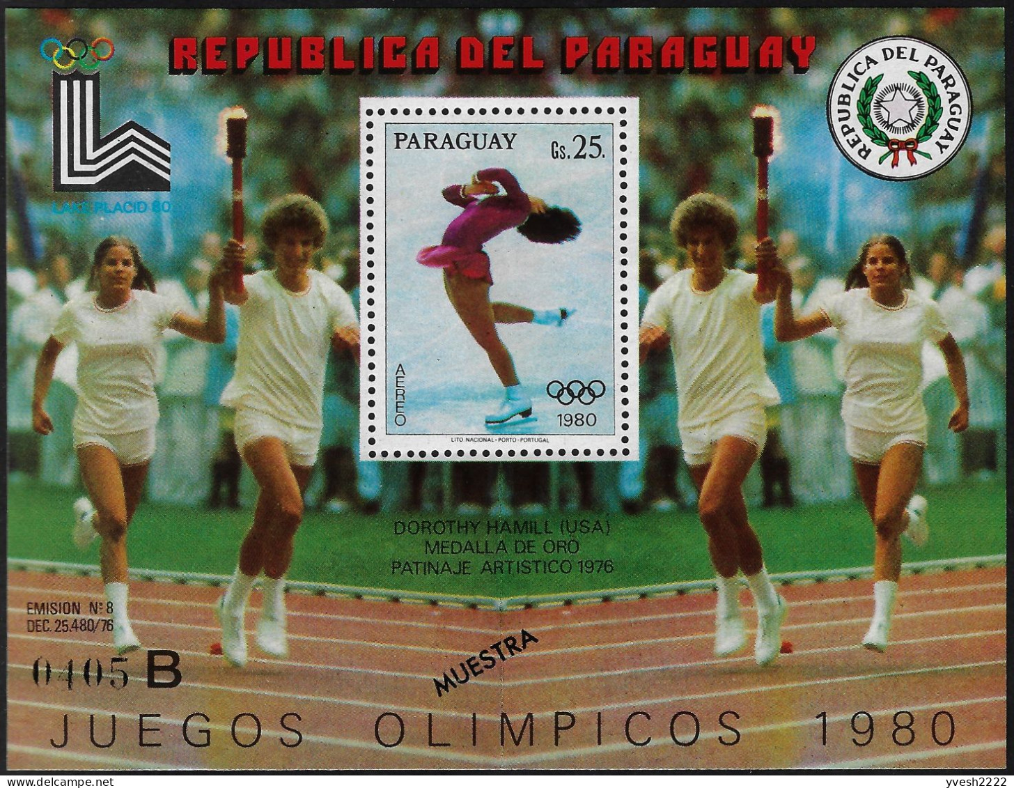 Paraguay 1979 Y&T BF 287 Surcharge Muestra Spécimen Hors Timbre. Jeux Olympiques D'hiver Lake Placid Patinage Artistique - Pattinaggio Artistico