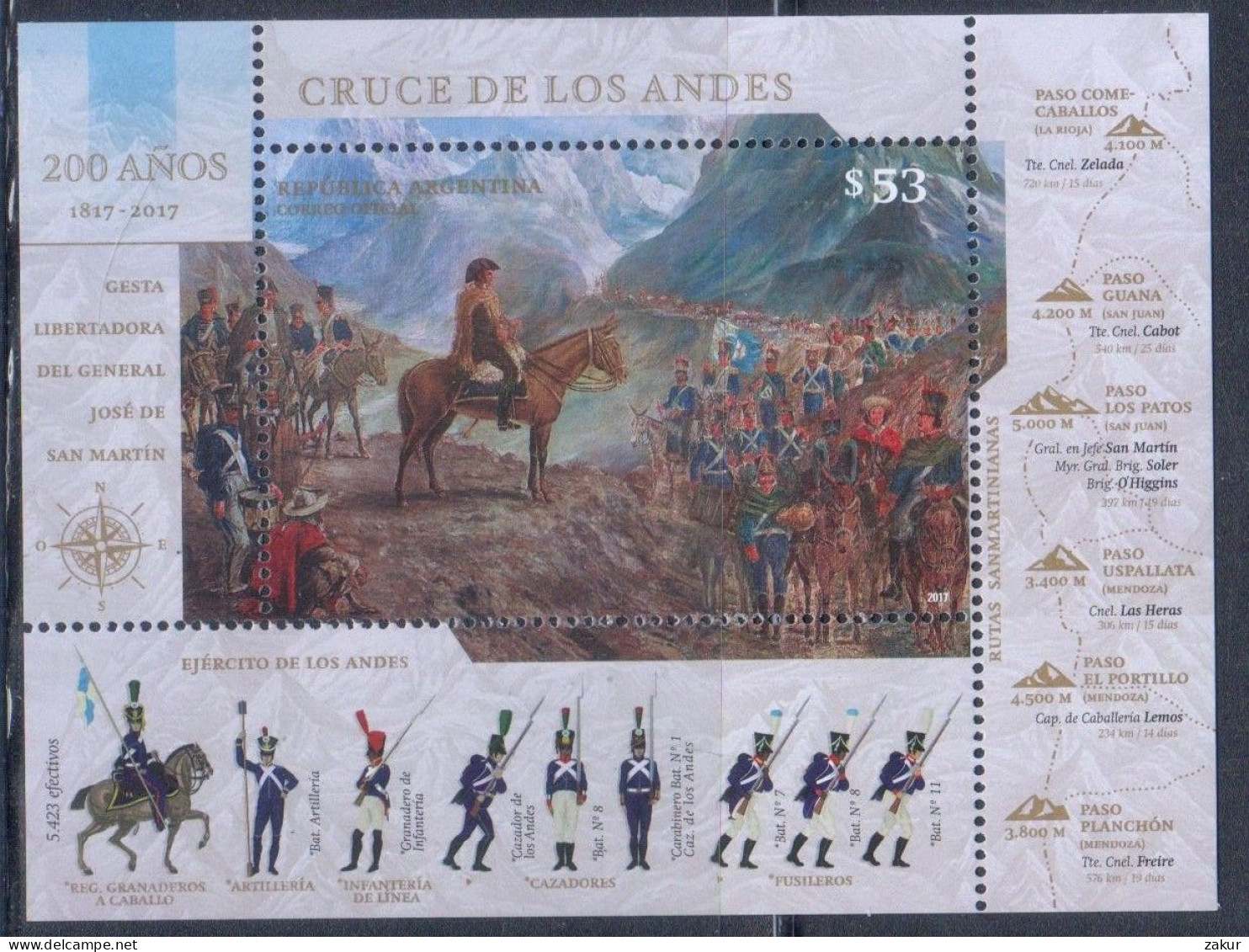 Argentina 2017 - HB 200 Años Del Cruce De Los Andes Por El Libertador Gral. San Martín - Nuovi