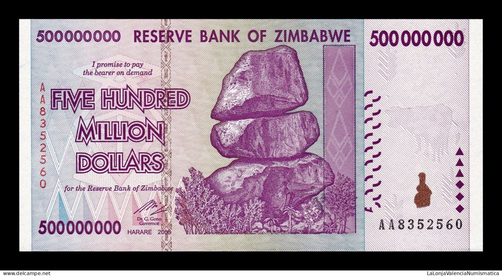 Zimbabwe 500000000 Dollars 2008 Pick 82 Serie AA Sc- AUnc - Simbabwe