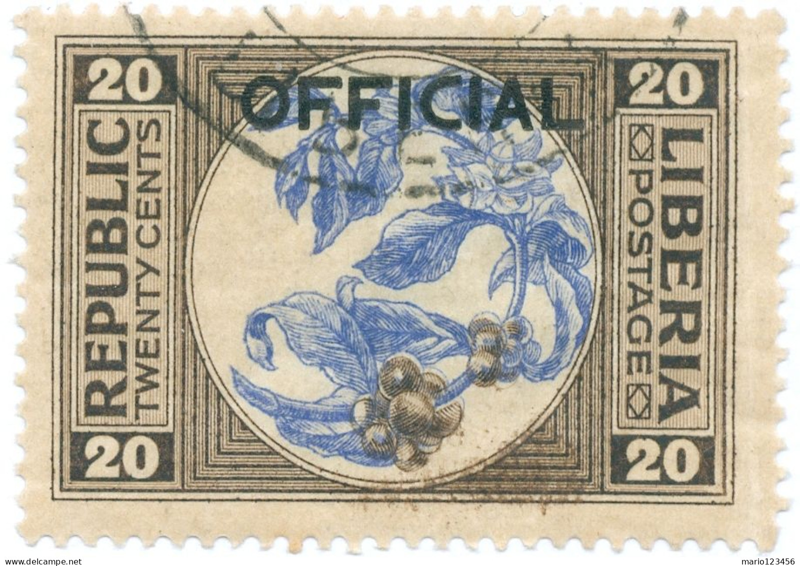 LIBERIA, FLORA, CAFFE, 1920, FRANCOBOLLI USATI Mi:LR D113, Scott:LR O115, Yt:LR S107 - Liberia