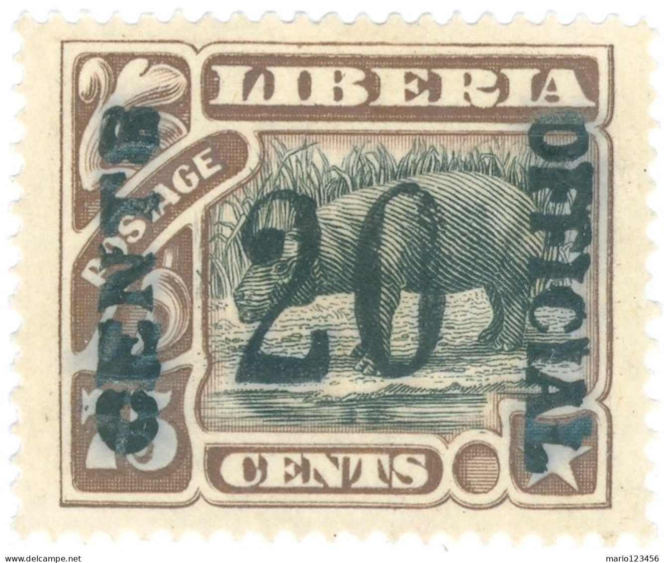 LIBERIA, FAUNA, MAMMIFERI, IPPOPOTAMO, 1914, FRANCOBOLLI NUOVI (MLH*) Scott:LR O73, Yt:LR S71C - Liberia