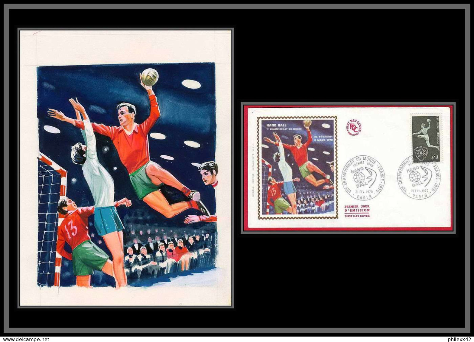 3005 France N°1629 Championnat Du Monde De Handball Maquette D'artiste Original Paint Artist Work FDC 1970 Signé Chesnot - Balonmano