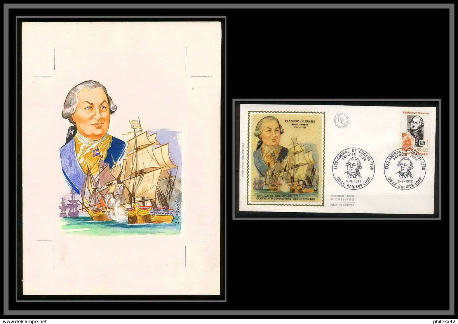 3015 France 1727 Amiral De Grasse Usa Austrian War Maquette D'artiste Original Paint Artist Work FDC 1972 Signé Chesnot - Us Independence