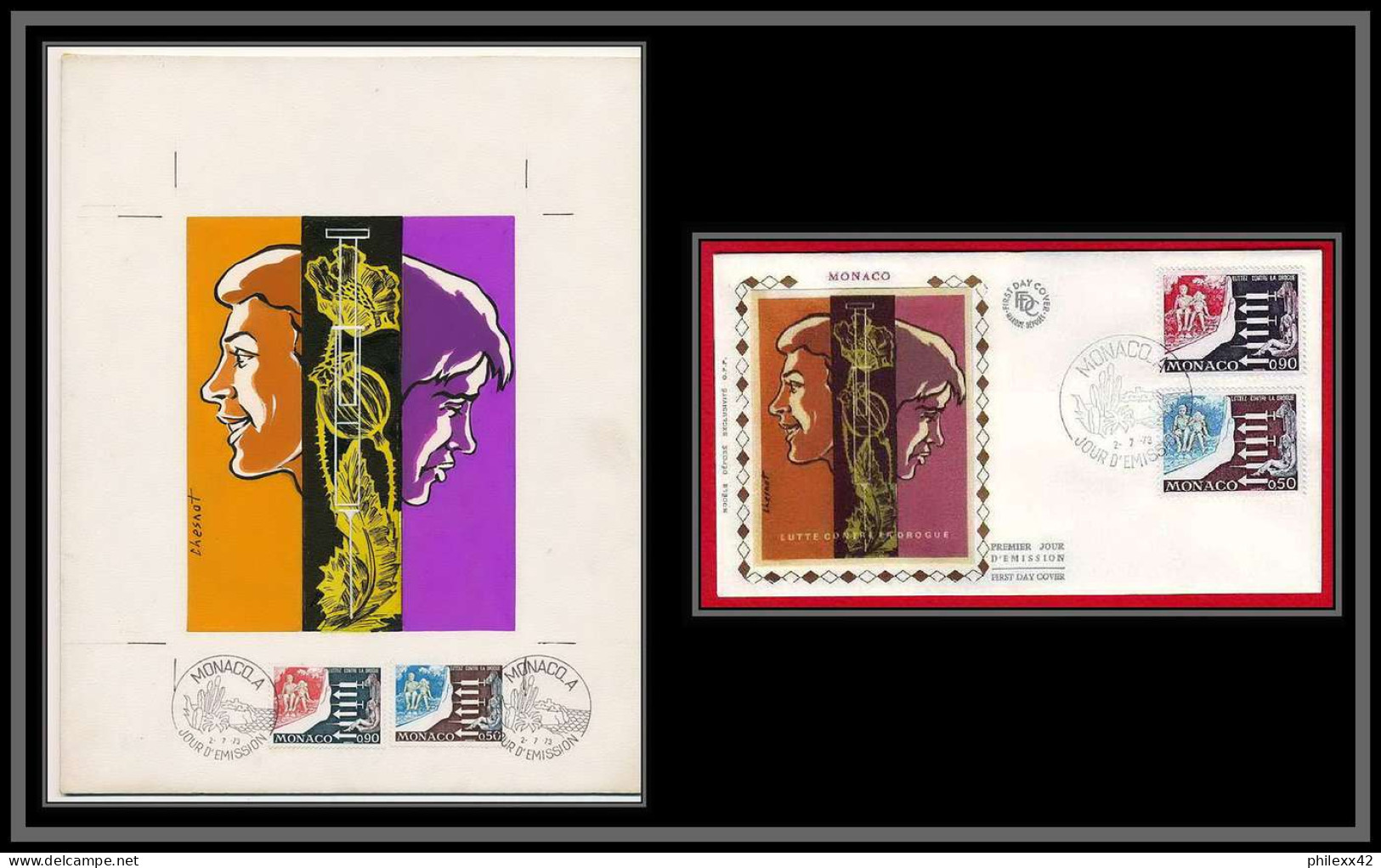 3042 Monaco N°951/52 Lutte Contre La Drogue Drugs Maquette D'artiste Original Artist Work FDC Signé Chesnot 1973 - Drugs