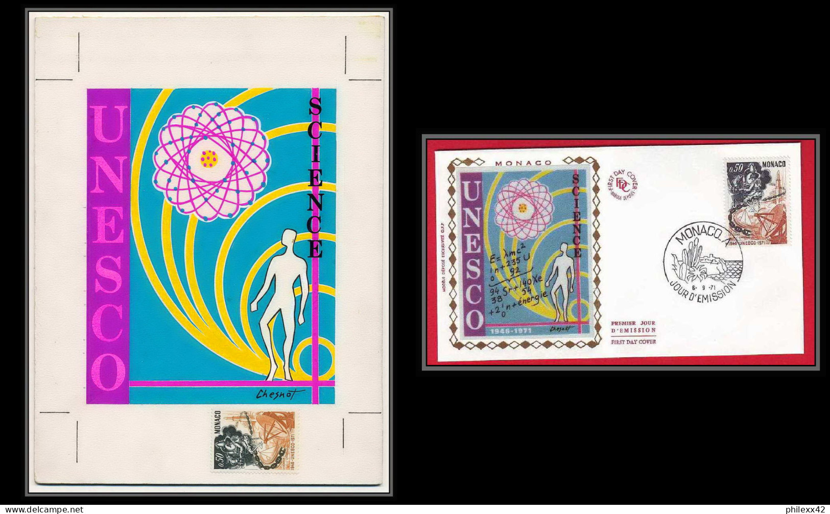 3043 Monaco N°856 Unesco Sciences SCIENCE Maquette D'artiste Original Artist Work FDC Signé Chesnot 1971 - UNESCO