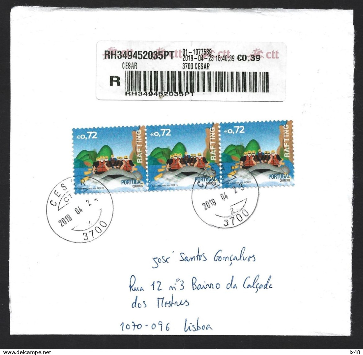 Rafting. Registered Letter From César, Oliveira De Azemeis, With 3 Rafting Stamps. Water.  Rafting. Raften. Rafting. - Rafting