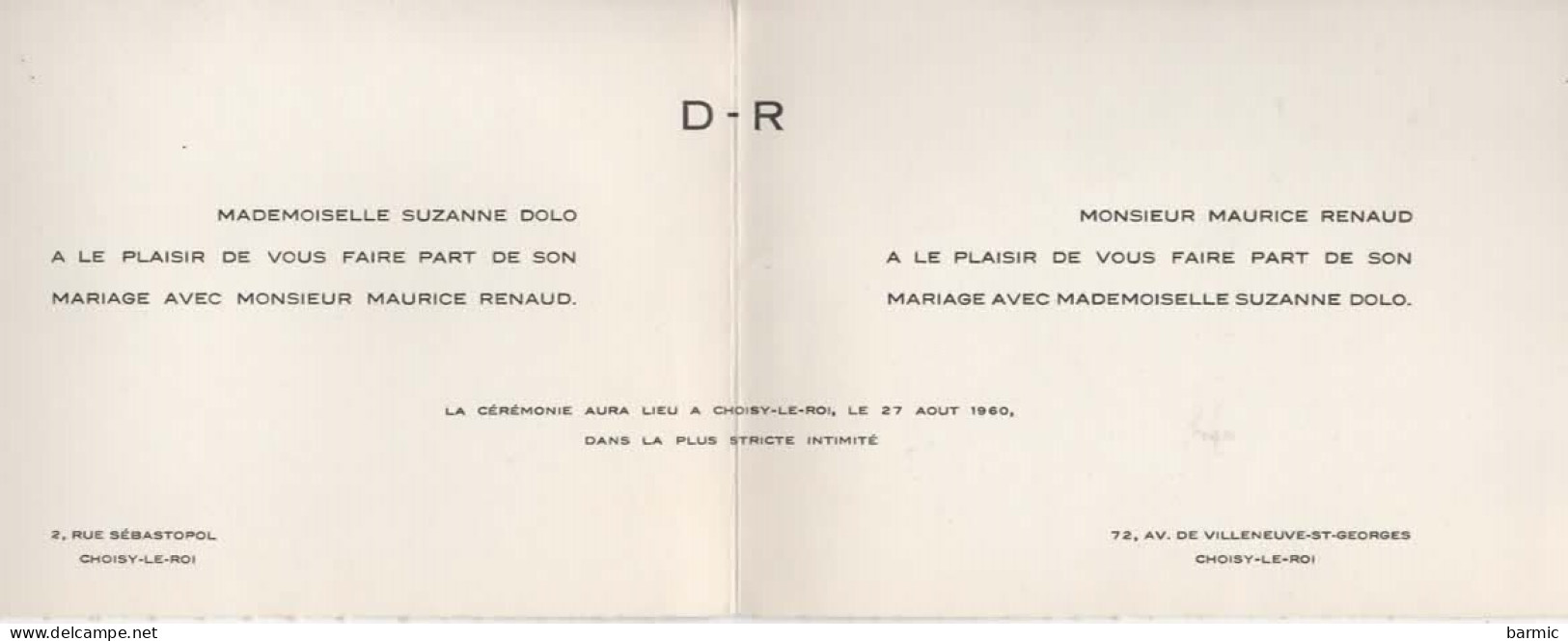 FAIRE PART DE MARIAGE, SUZANNE DOLO ET MAURICE RENAUD, 27/08/1960 A CHOISY LE ROI REF 13445 - Mariage