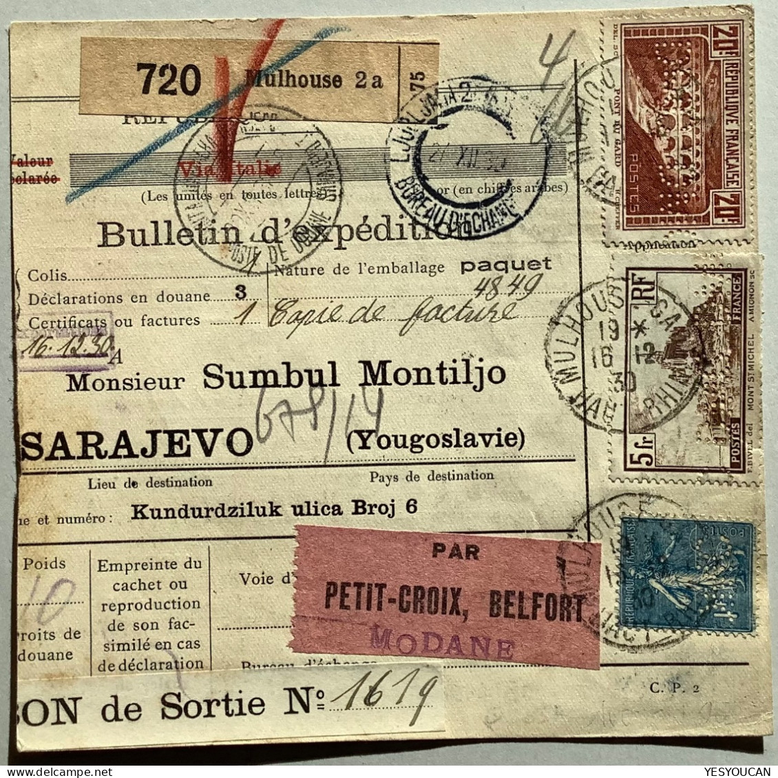 MUHLHOUSE 1930 Rare Colis Postal Alsace Lorraine>Sarajevo/Yousgoslavie ! (RR) Pont Du Gard, Semeuse+fiscal Perforé DMC - Cartas & Documentos