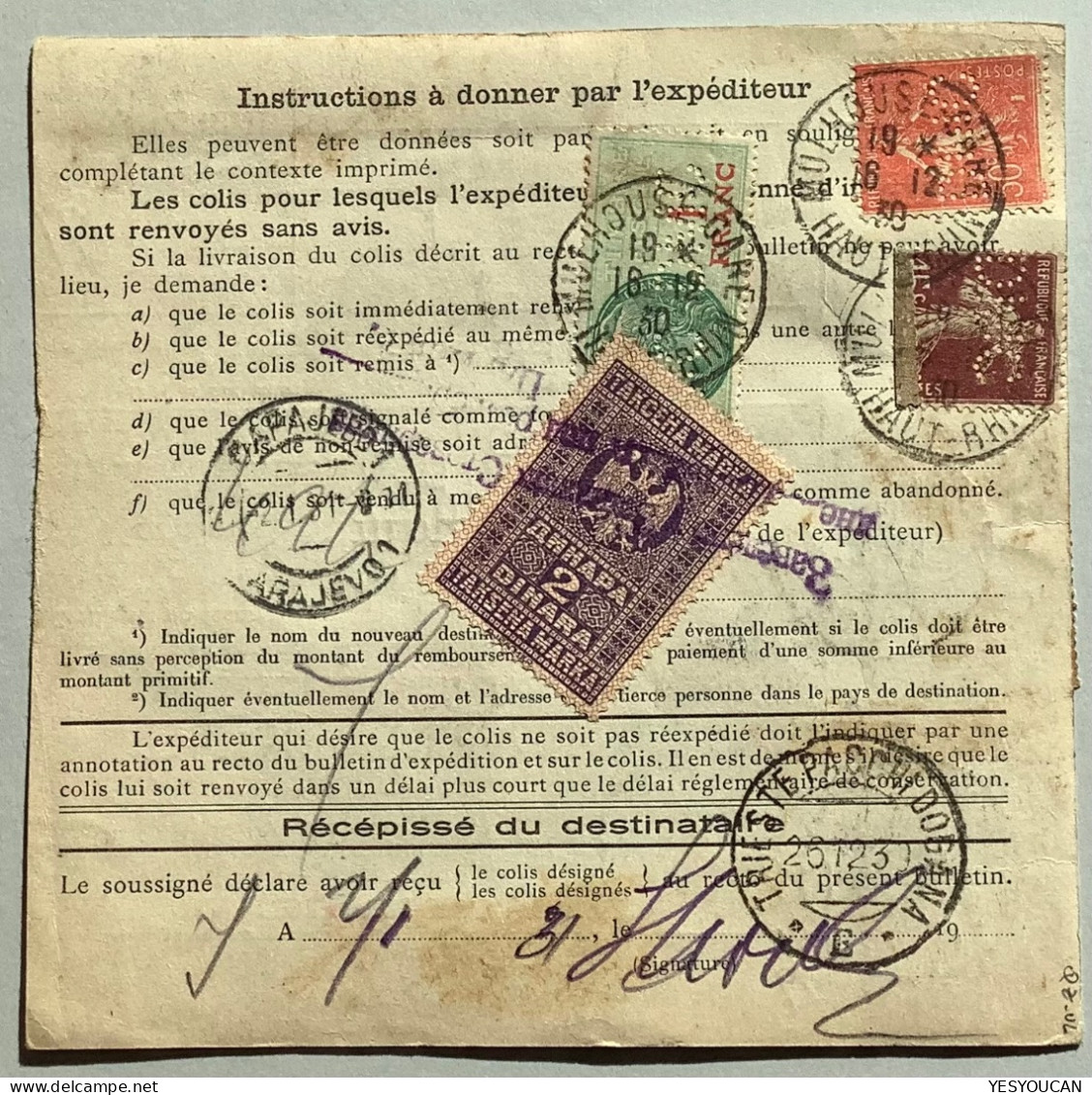 MUHLHOUSE 1930 Rare Colis Postal Alsace Lorraine>Sarajevo/Yousgoslavie ! (RR) Pont Du Gard, Semeuse+fiscal Perforé DMC - Storia Postale