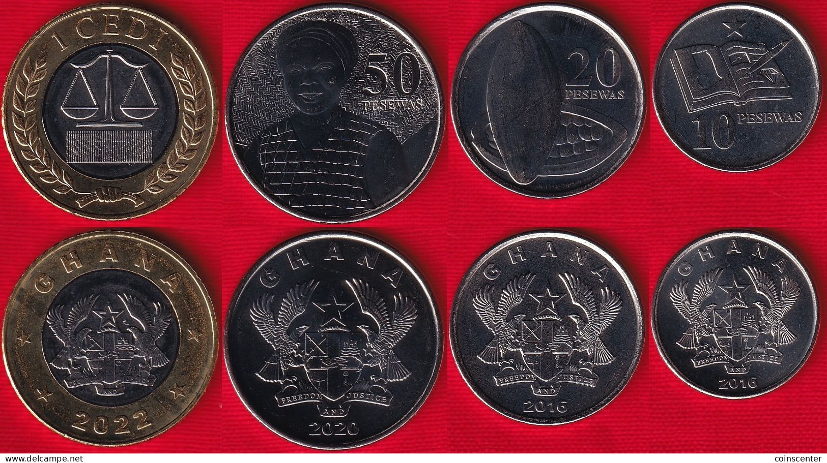 Ghana Set Of 4 Coins: 10 Pesewas - 1 Cedi 2016-2022 UNC - Ghana
