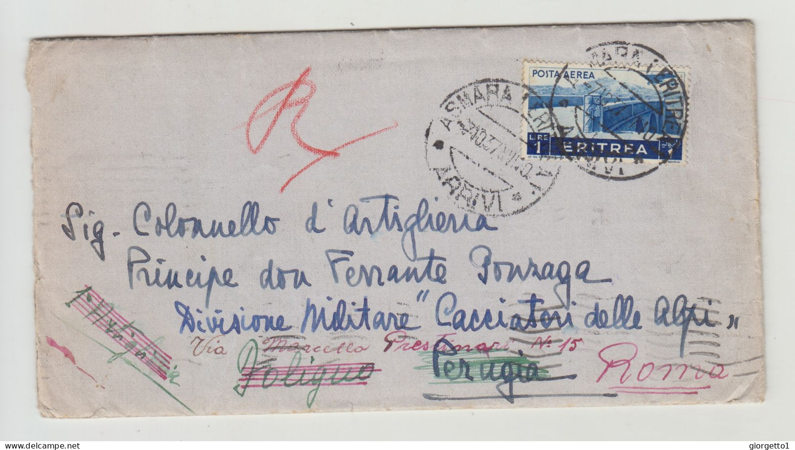 BUSTA CON LETTERA - ASMARA - ERITREA DEL 1937 - PER PRINCIPE GONZAGA FERRANTE VERSO ITALIA WW2 - Poststempel (Flugzeuge)