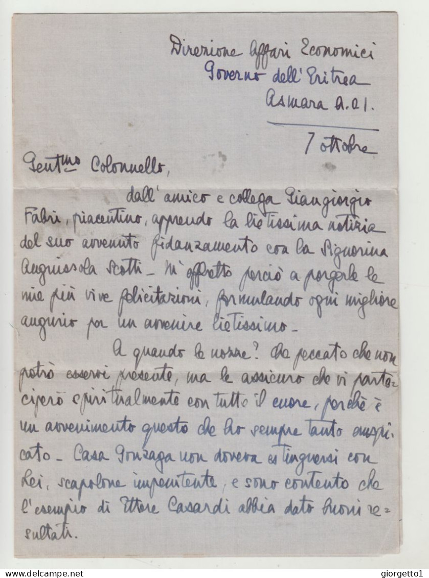 BUSTA CON LETTERA - ASMARA - ERITREA DEL 1937 - PER PRINCIPE GONZAGA FERRANTE VERSO ITALIA WW2 - Storia Postale (Posta Aerea)