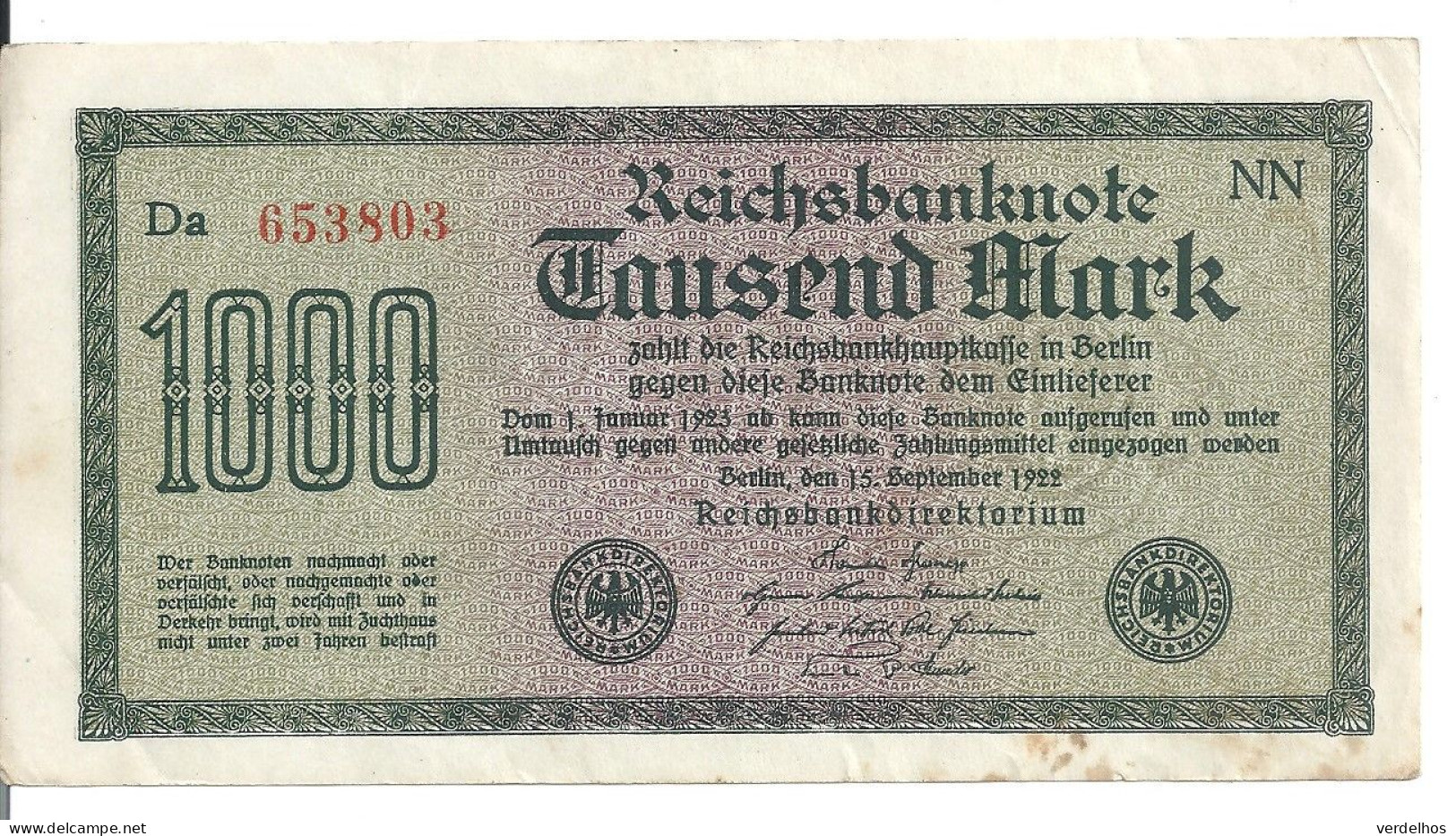 ALLEMAGNE 1000 MARK 1922 VF+ P 76 - 1.000 Mark