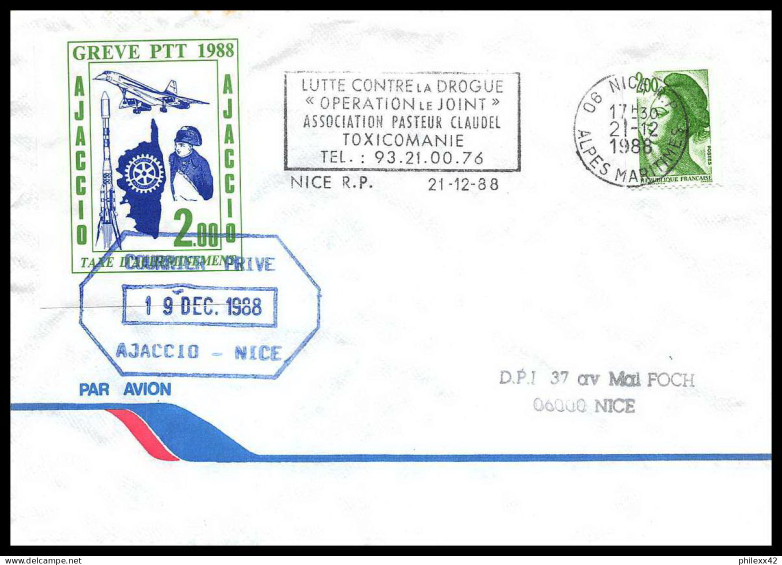 0068 Concorde Grève Des PTT Ajaccio Nice Corse 1988 Lettre Airmail Cover Luftpost - Other & Unclassified