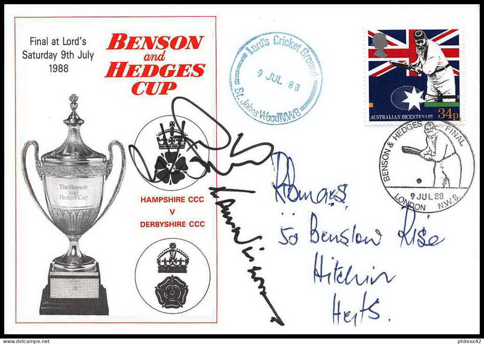 0863 Grande Bretagne Great Britain - Cricket Benson And Hedges Cup 9/7/1988 Signé (signed) CAPTAINS - Cricket