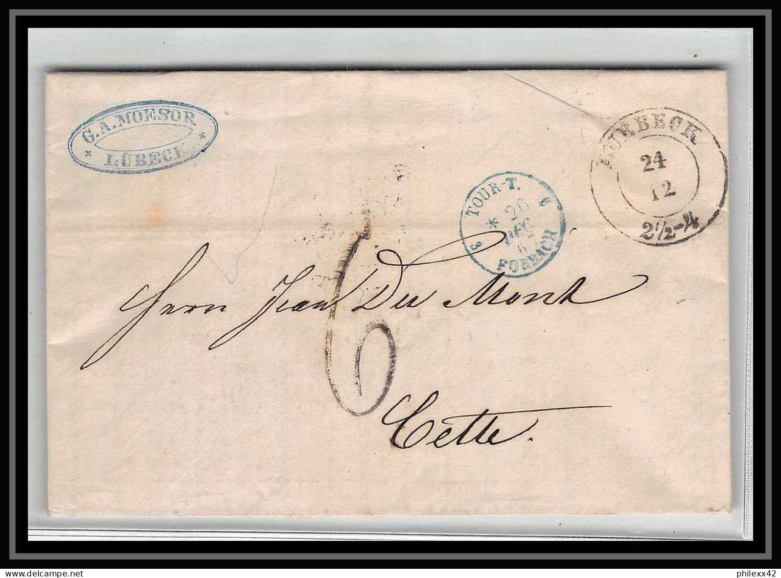 41141 Lettre LAC Allemagne Deutschland Lubeck TT Tour T Forbach 1867 Cette Herault France Marque D'entree Vorlaufer - Luebeck