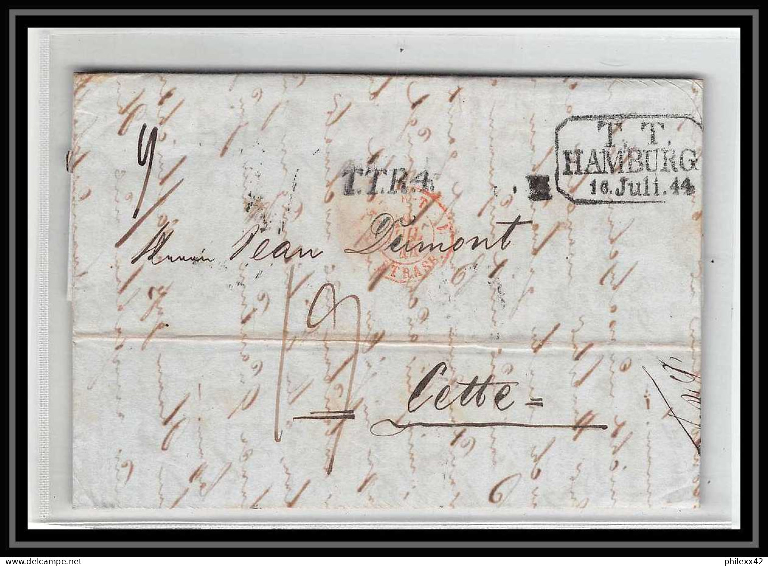 41192 Lettre LAC Allemagne Deutschland Hamburg TT Tour-T Strasbourg 1844 TTR4 Cette Herault France Marque D'entree - Hamburg