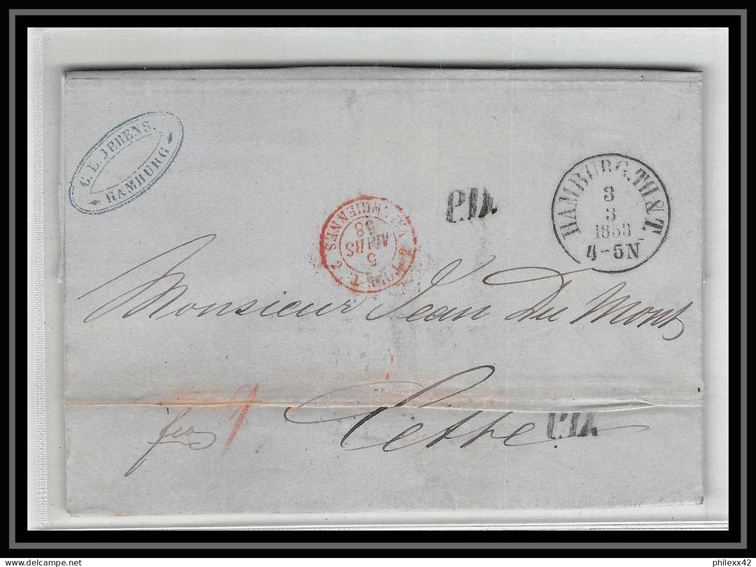 41217 Lettre LAC Allemagne Deutschland Hamburg Tour-T VALENCIENNES 1858 Cette France Marque D'entree Vorlaufer - Entry Postmarks