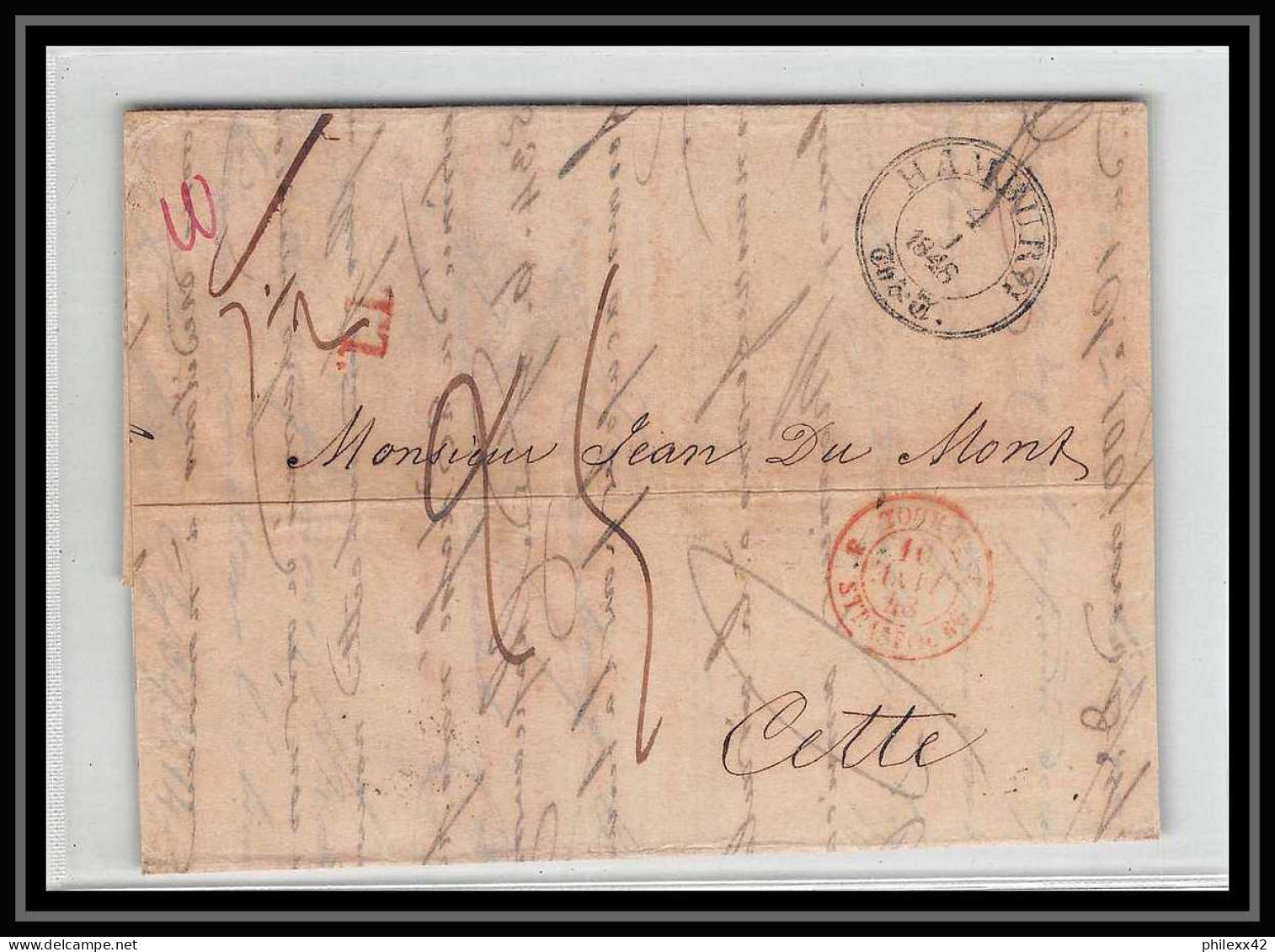 41219 Lettre LAC Allemagne Deutschland Hamburg TT ROUGE Tour-T Strasbourg 1845 Cette France Marque D'entree Vorlaufer - Marques D'entrées