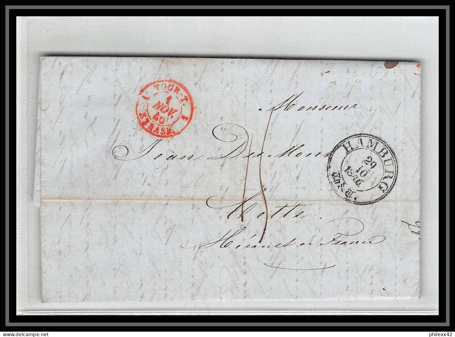 41220 Lettre LAC Allemagne Deutschland Hamburg Tour-T Strasbourg 1846 Cette France Marque D'entree Vorlaufer - Entry Postmarks