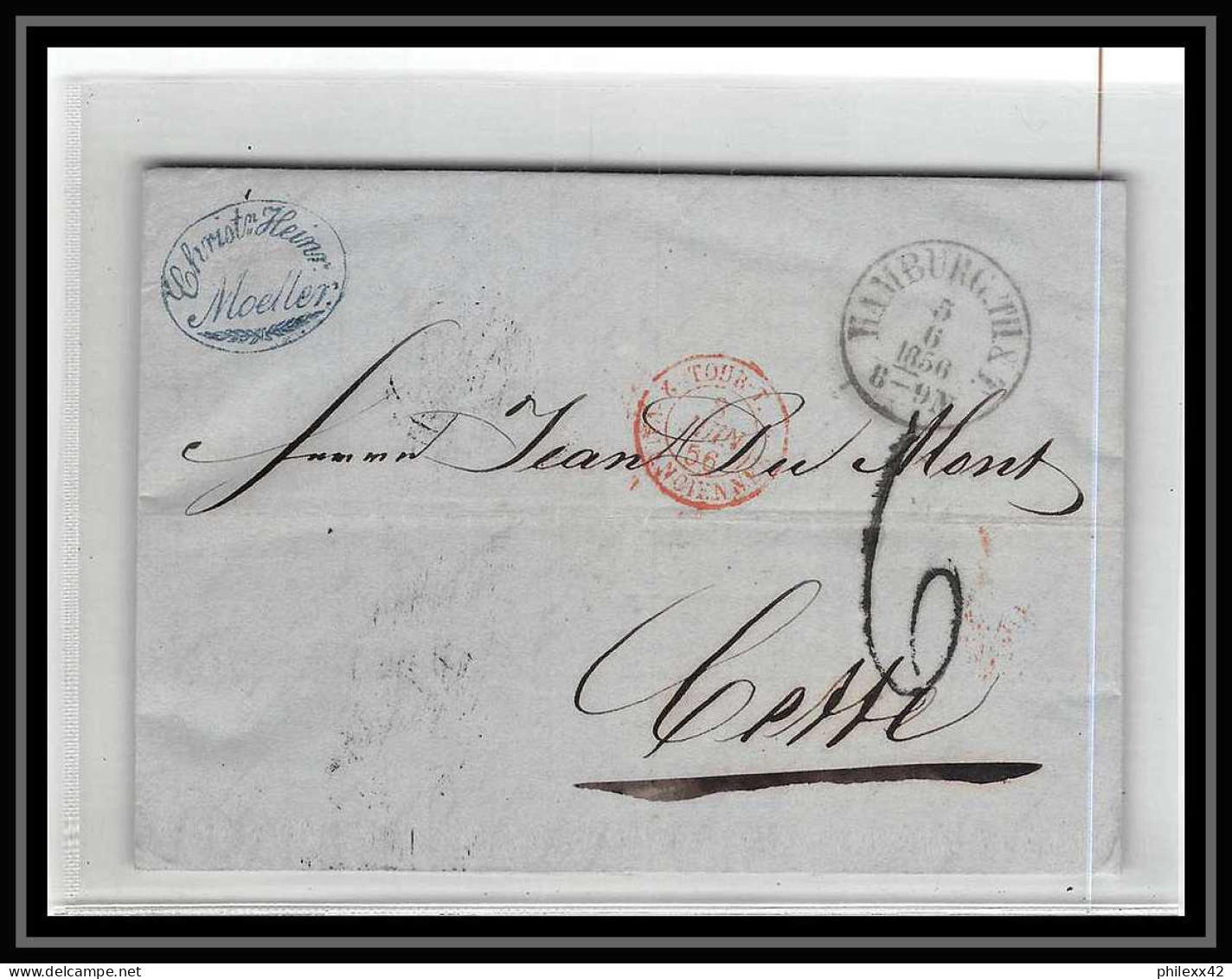 41228 Lettre LAC Allemagne Deutschland Hamburg Tour-T VALENCIENNES 1856 Cette France Marque D'entree Vorlaufer - Marques D'entrées