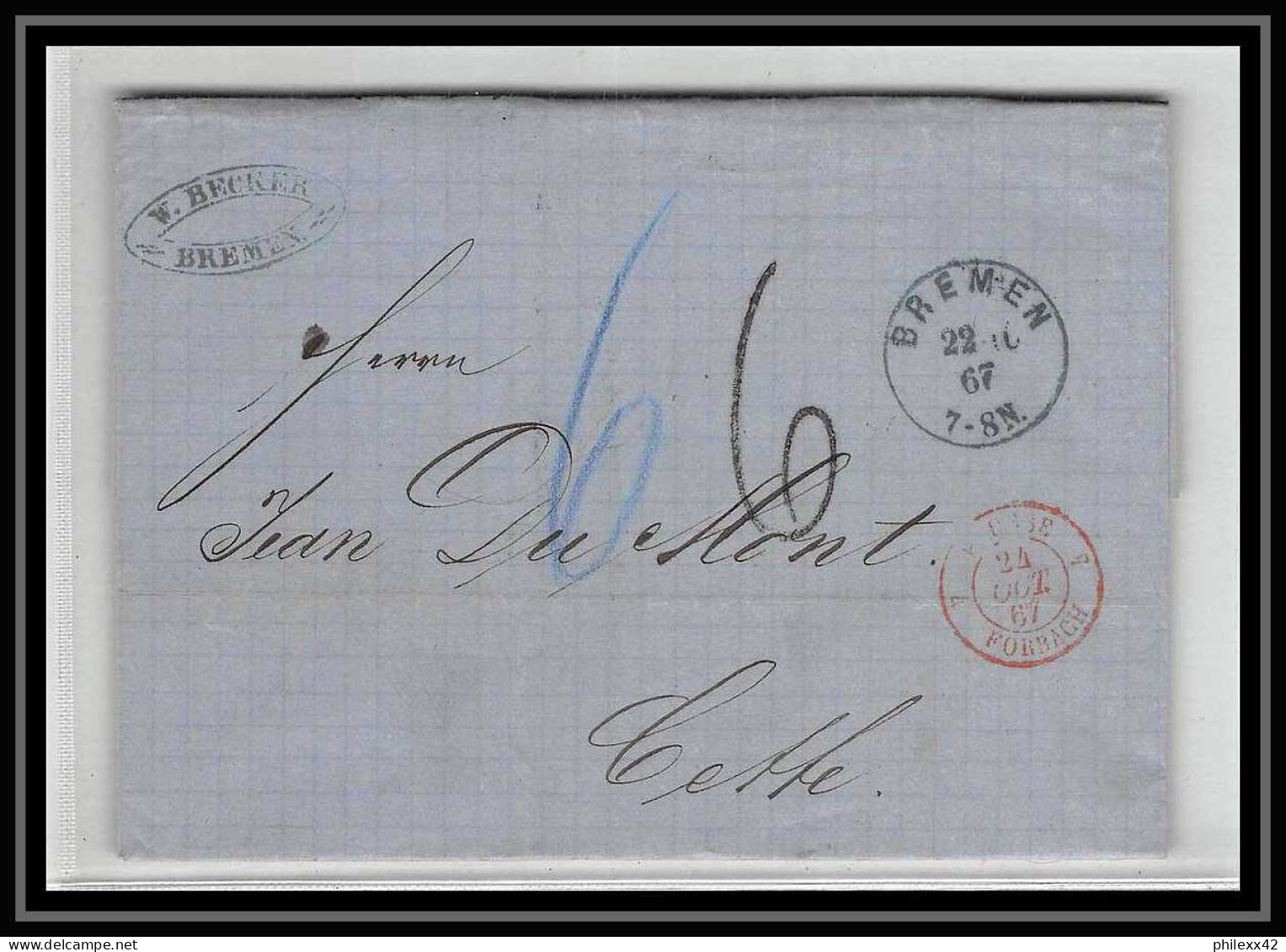 41250 Lettre LAC Allemagne Deutschland Bremen Prusse Forbach 1867 Cette Herault France Marque D'entree Vorlaufer - Entry Postmarks