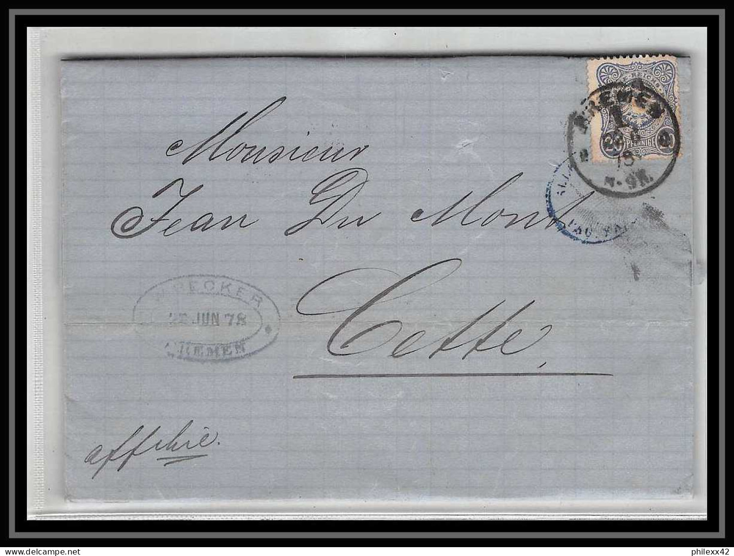 41308 Lettre LAC Allemagne Deutschland Bremen CONVOYEUR PARIS A MOILINS 1878 Cette Herault France Marque D'entree - Entry Postmarks