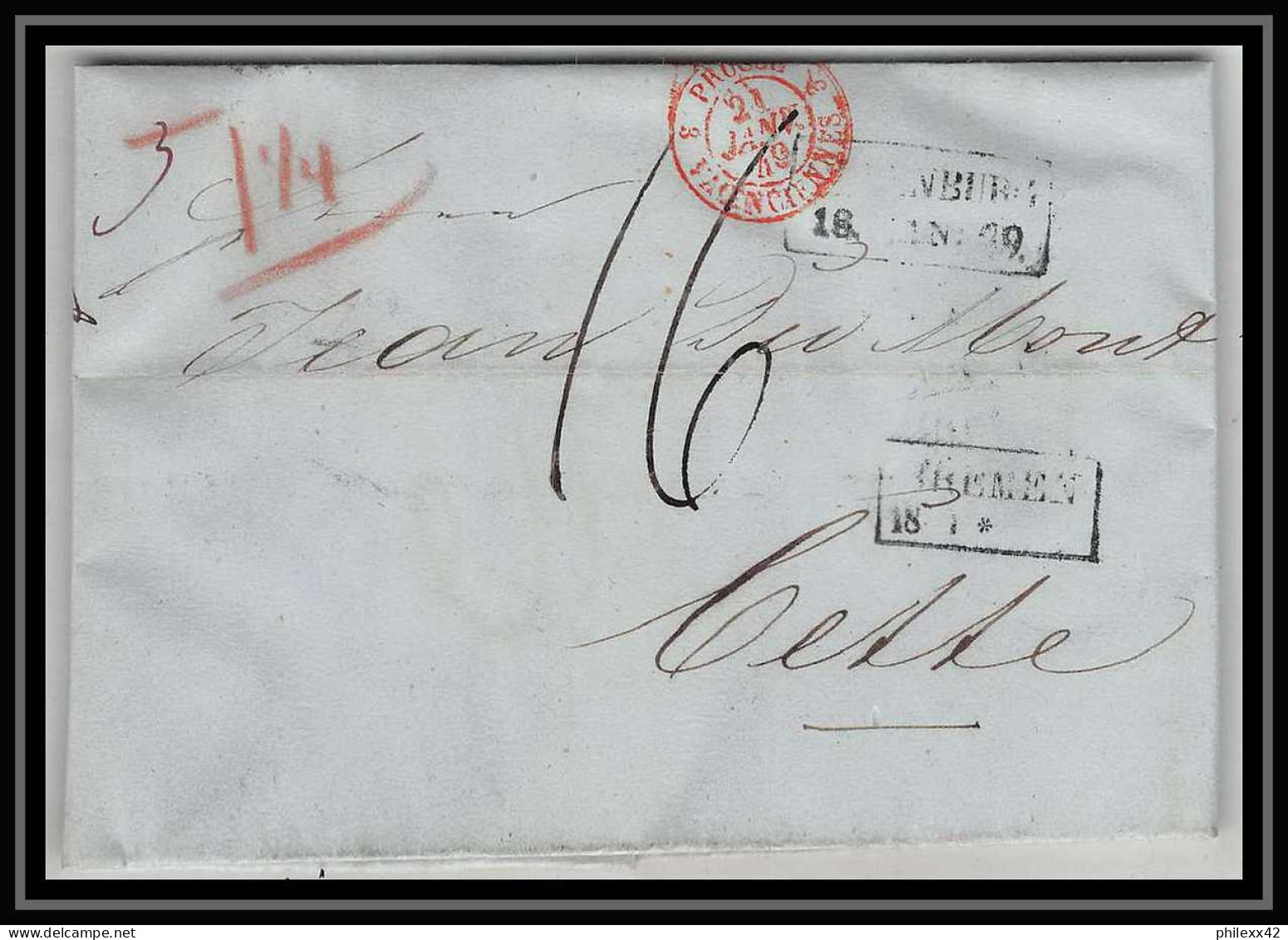 41342 Lettre LAC Allemagne Deutschland Oldenburg Bremen Prusse VALENCIENNES 1849 Cette Route N°8 France Marque D'entree - Marques D'entrées