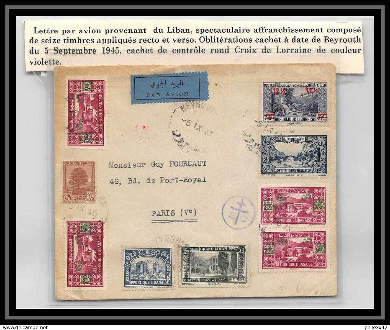 41586 Liban (Lebanon) 5/10/1945 Censure Croix De Lorraine Beyrouth Paris Aviation PA Poste Aérienne Airmail Lettre Cover - Luchtpost