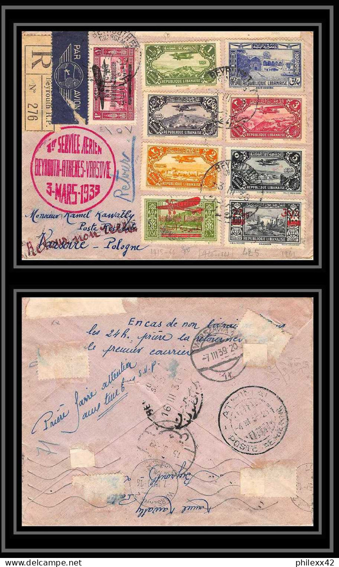 41587a Liban (Lebanon) Premier Vol First Flight Beyrouth Varsovie 1939 Aviation PA Poste Aérienne Airmail Lettre Cover - Poste Aérienne