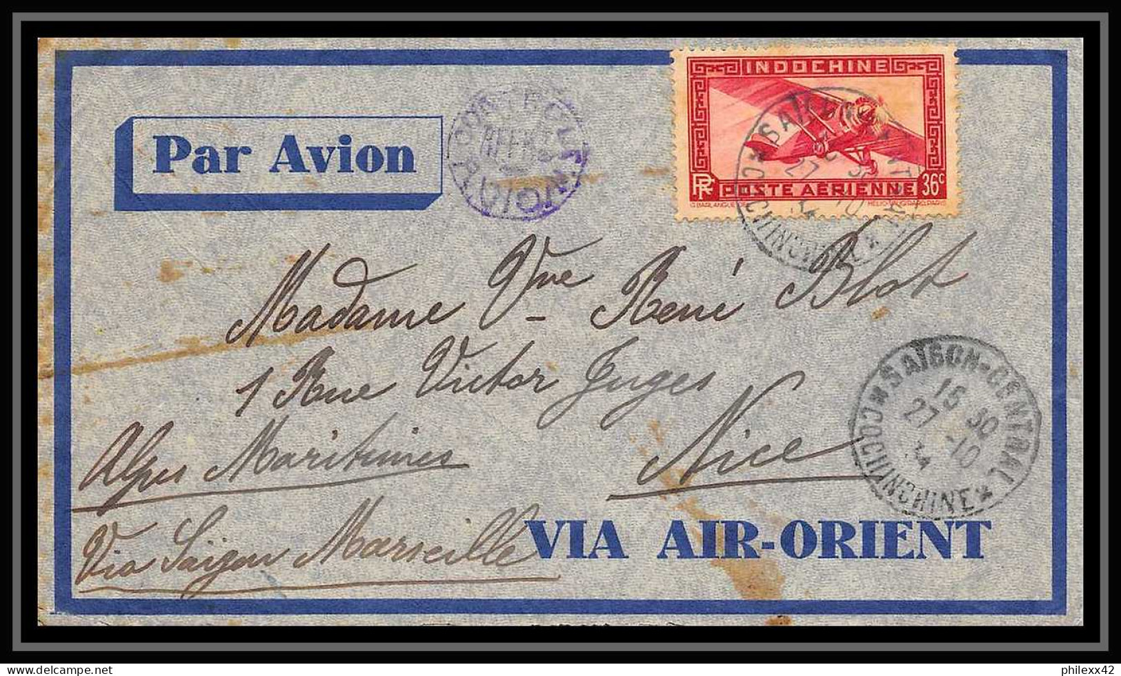 41595 Saigon Nice Viet Nam VIA Marseille 1934 Air Orient Aviation PA Poste Aérienne Airmail Lettre Cover - Luftpost