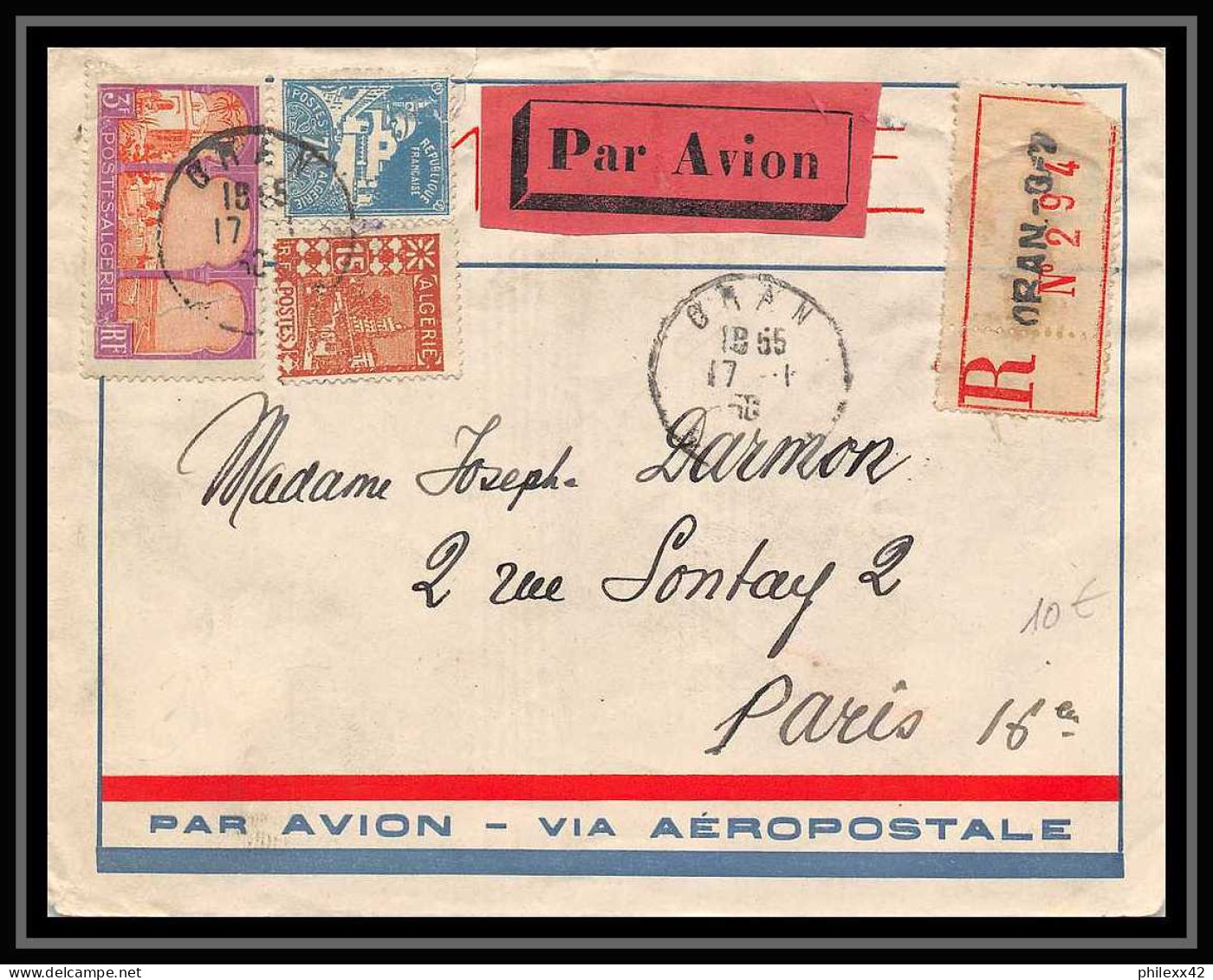 41612 Algérie N°55 39 80A Oran Pour Paris Via Aeropostale 17/1/1930 Rare Aviation PA Poste Aérienne Airmail Lettre Cover - Luftpost