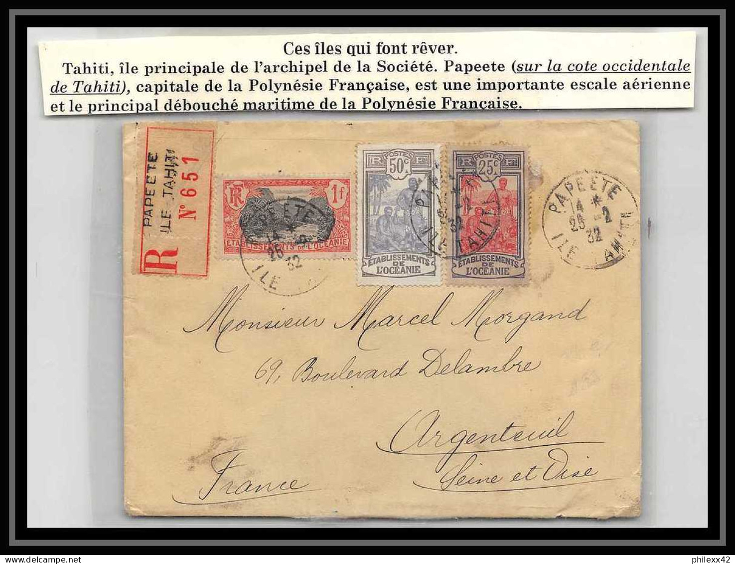 41614 Oceanie N°35 51 55 Recommandé Tahiti PAPEETE Pour Argenteuil 1932 Aviation PA Poste Aérienne Airmail Lettre Cover - Aéreo