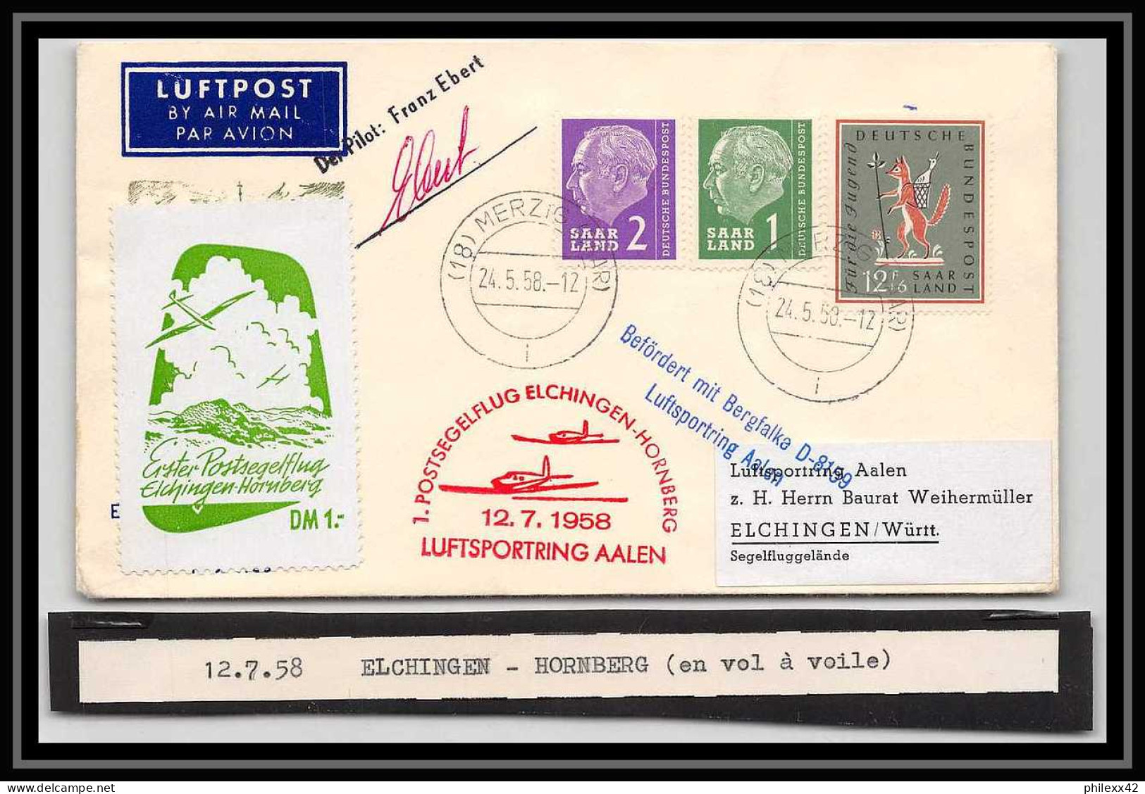 41667 Vol à Voile 1958 Signé Signed Pilot Franz Ebert Allemagne Germany Saar Aviation Airmail Lettre Cover - Storia Postale