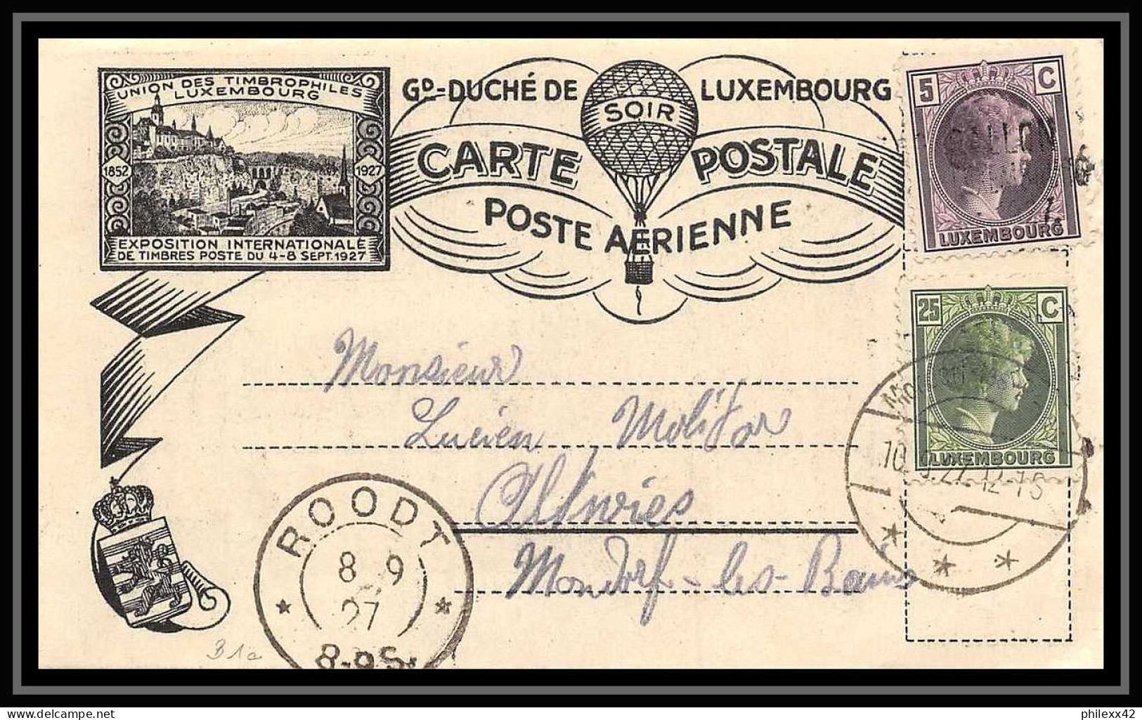 41695 Luxembourg (luxemburg) Ballon Baloon Roodt 1927 Aviation PA Poste Aérienne Airmail Carte Postale (postcard) - Lettres & Documents