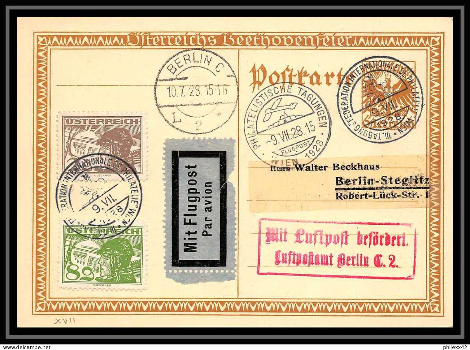 41708 WIEN 1928 MULLER 150 POUR BERLIN Luftpost Autriche Austria Aviation Airmail Carte Postcard Entier Stationery - Altri & Non Classificati
