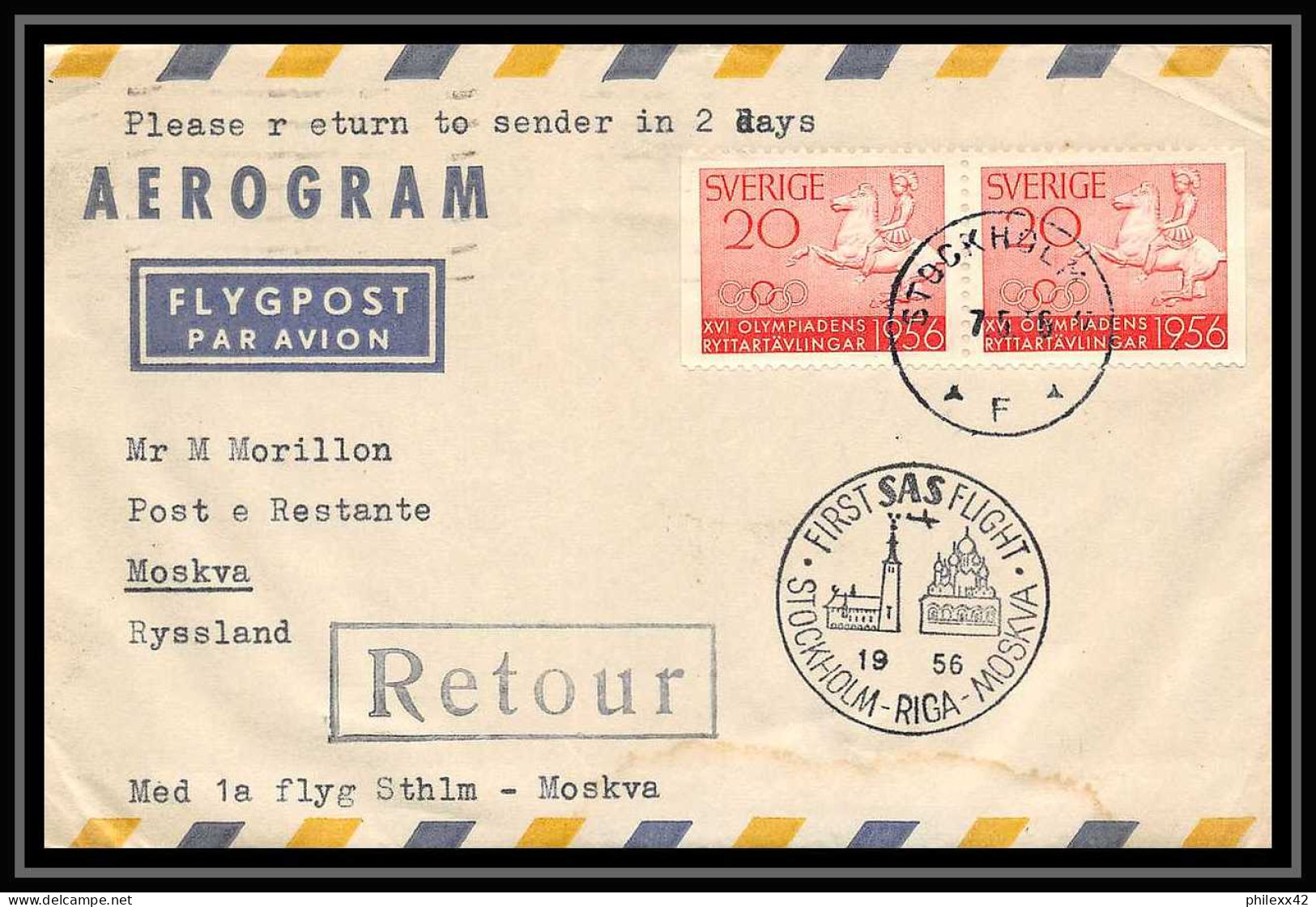 41731 Stockholm Suède (Sweden) Riga Pour Moscow Russie (Russia) 1956 Aviation PA Poste Aérienne Airmail Lettre Cover - Cartas & Documentos