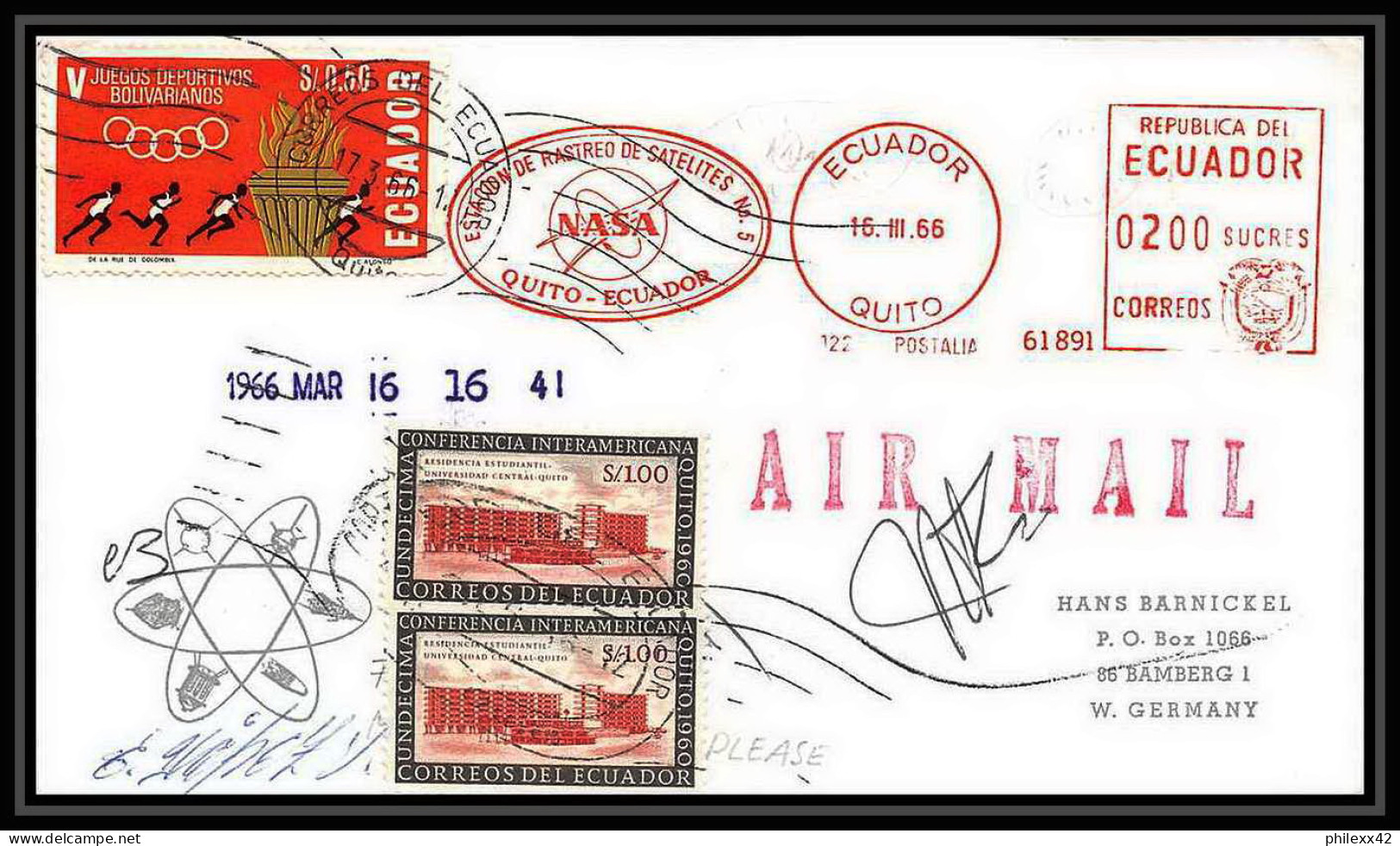 5021/ Espace Space Lettre Cover 16/3/1966 Signé Autograph Nasa Estacion De Rastreo De Satelites Equateur Ecuador - Amérique Du Sud