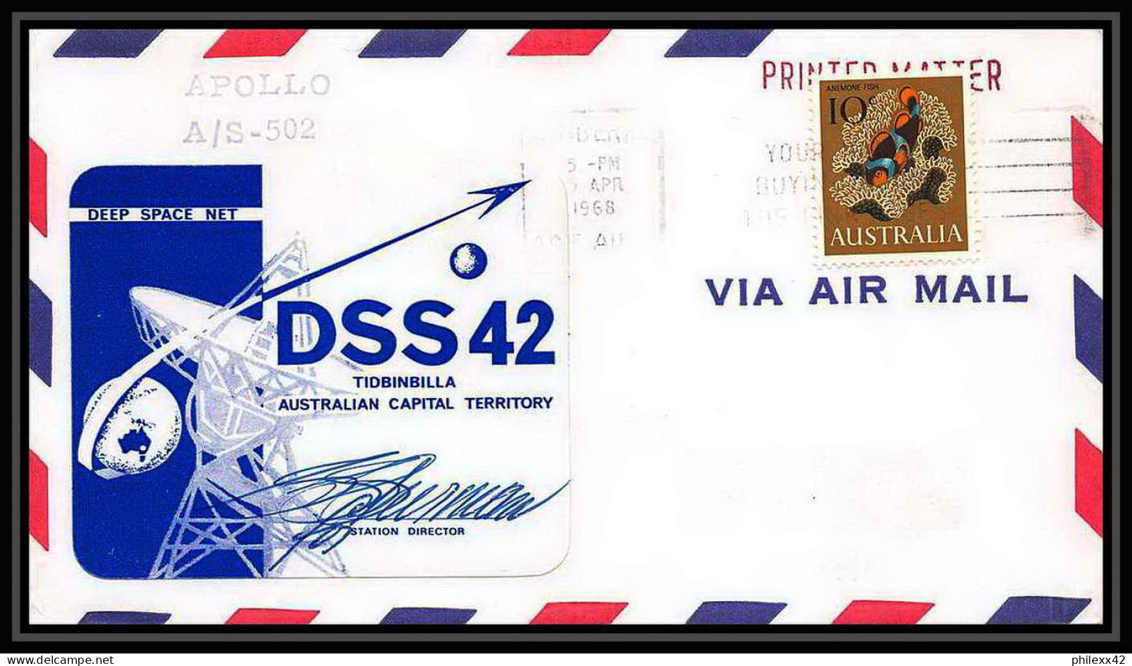 5155/ Espace (space) Lettre (cover) 5/4/1968 Signé (signed Autograph) Apollo Dss 42 Australie (australia) - Oceania