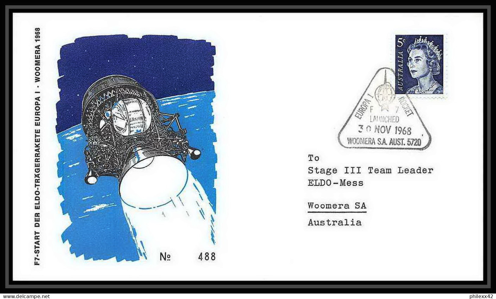 5159/ Espace (space) Lettre (cover) 30/11/1968 Europa 1 Launched Woomera Numéroté Australie (australia) - Oceania